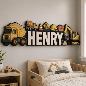 Personalized Construction Name Sign, Layered Wooden Dump Truck and Excavator Wall Decor for Boys Nursery, Bedroom or Playroom