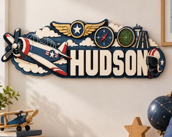 Personalized Name Sign for Boys, Kids Room Wall Decor, Custom Nursery Name Sign, Airplane or Space Bedroom Decor, Baby Boy Gift