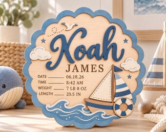 Personalisierte Geburtsdaten-Plakette, individuelles Namensschild für Neugeborene, Geburtsanzeige fürs Kinderzimmer, Geschenkidee mit Segelboot-, Flugzeug- und Traktormotiven