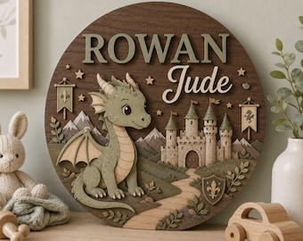 Namensschild fürs Kinderzimmer mit Fabelwesen, personalisierte Holzplakette mit Drache, Einhorn, Greif oder Kobold