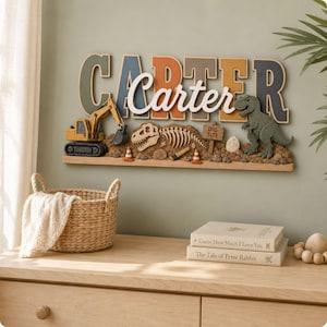 Personalized Dinosaur Name Sign, Layered Wooden Boys Room Decor, Excavator Dig Site Nursery Wall Art, Custom Birthday Gift for Him