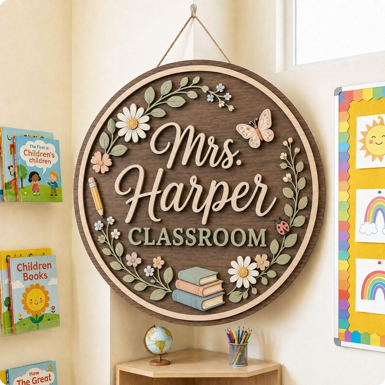Pode incluir: Uma placa circular de madeira para sala de aula com o texto Mrs. Harper CLASSROOM em letras brancas em relevo. A placa &eacute; decorada com motivos florais 3D, uma borboleta, uma joaninha, um l&aacute;pis e uma pilha de tr&ecirc;s livros em tons pastel.