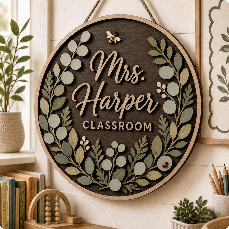 Pode incluir: Uma placa de parede circular de madeira com o texto Mrs. Harper CLASSROOM em letras em relevo. A placa &eacute; decorada com folhas e bagas de madeira em camadas em tons de verde, uma pequena abelha no topo e uma joaninha no lado inferior.