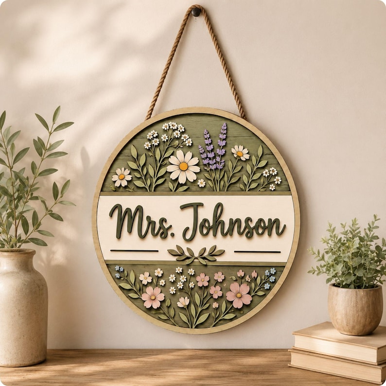 May include: A circular wooden wall sign featuring the text Mrs. Johnson in dark green script. The sign is decorated with layered, cut-out floral designs including white daisies, purple lavender, and pink flowers on a sage green background.