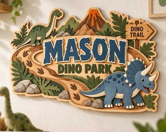 Personalisiertes Dinosaurier-Namensschild, Dinosaurier-Kinderzimmerdeko, individuelles Wandschild mit Kindernamen, Dino-Jungenzimmerdeko, prähistorisches Geburtstagsgeschenk