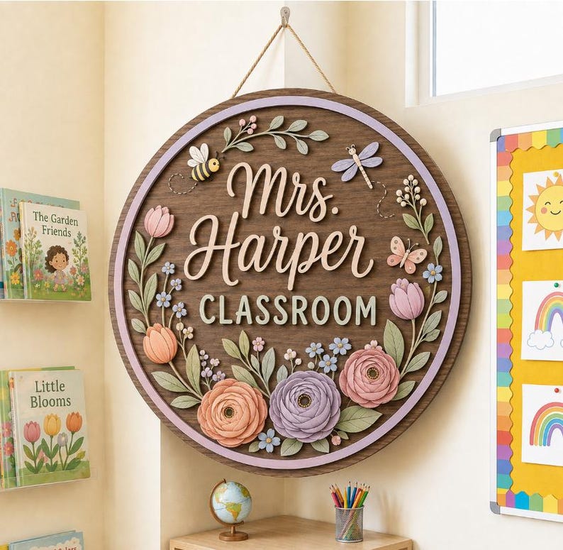 Pode incluir: Uma placa de parede redonda de madeira com o texto Mrs. Harper CLASSROOM em letras brancas. A placa &eacute; decorada com elementos florais 3D em tons de rosa, roxo e verde, juntamente com uma abelha, uma lib&eacute;lula e um detalhe de borboleta.