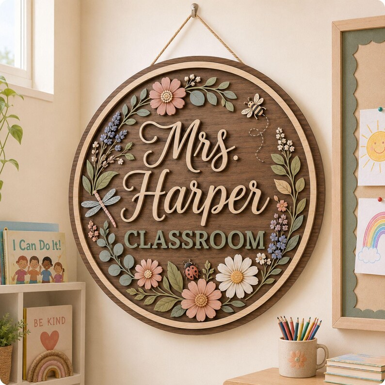 Pode incluir: Uma placa de parede circular de madeira com o texto Mrs. Harper CLASSROOM em relevo. A placa &eacute; decorada com elementos florais 3D, folhas, uma lib&eacute;lula, uma abelha e uma joaninha em tons pastel suaves, suspensa por uma corda.