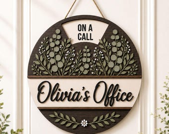 Personalized Office Door Sign, Custom Name Status Hanger, Round Wooden On a Call Plaque, Botanical Workspace Decor, Coworker Gift