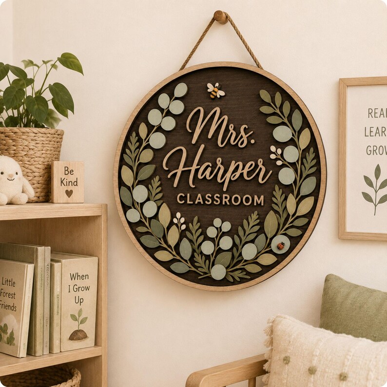 Pode incluir: Uma placa de parede circular de madeira com fundo castanho escuro, moldura de madeira clara e corda de juta para pendurar. O texto "Mrs. Harper CLASSROOM" est&aacute; em relevo, rodeado por uma coroa de folhas verdes e cor de s&aacute;lvia.