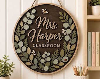 Personalisiertes Türschild für Lehrer, mehrschichtiges Holzschild mit individuellem Namen, rundes Blumen-Geschenk für Lehrer, Klassenzimmerdekoration zum Schulanfang