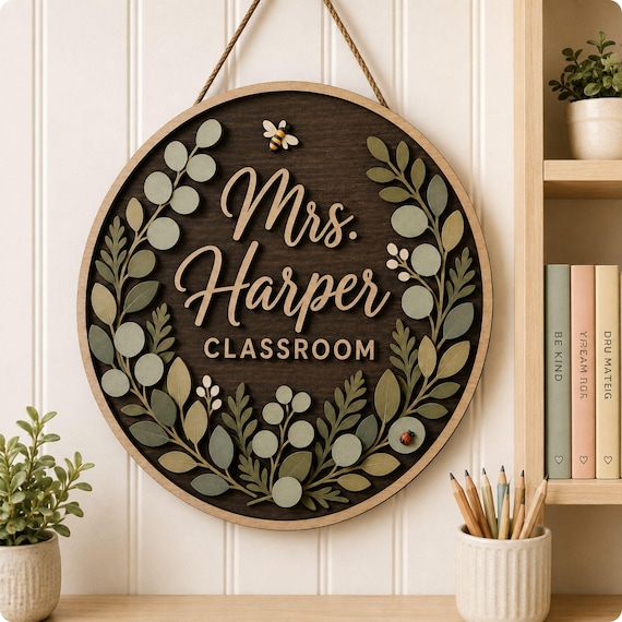 Personalized Teacher Door Sign, Layered Wood Classroom Sign with Custom Name, Floral Round Teacher Gift, Back to School Classroom Decor