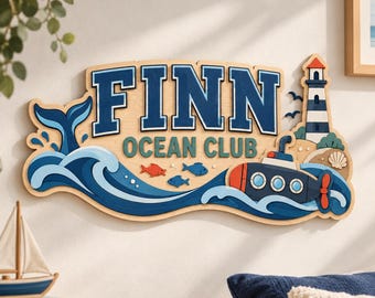 Personalisiertes Namensschild mit Ozeanmotiv, maritime Kinderzimmerdeko, individuelles Wandschild mit Kindernamen, maritime Babyzimmerdeko für Jungen, Leuchtturm-Wal-Schild