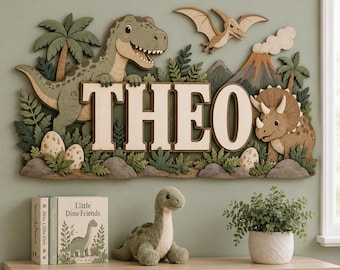 Personalisiertes Namensschild für Jungen, Waldtier-Safari-Dinosaurier-Kinderzimmerdeko, individuelles Wandschild fürs Kinderzimmer, Namensschild für Babys, Geburtstagsgeschenk
