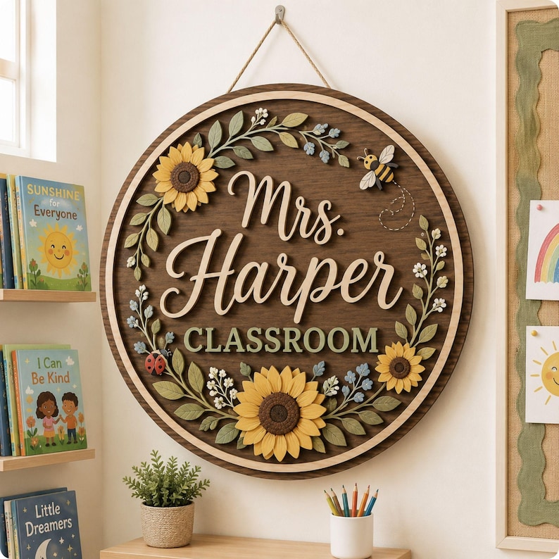Pode incluir: Uma placa de parede circular de madeira com o texto Mrs. Harper CLASSROOM em letras brancas. A placa &eacute; decorada com uma guirlanda de girass&oacute;is amarelos, folhas verdes, pequenas flores azuis, uma joaninha e uma abelha com voo.