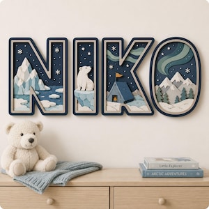 May include: A set of four layered wooden wall letters spelling NIKO, featuring a dark blue frame and intricate arctic scenes including a polar bear, snow-capped mountains, a tent, and northern lights against a starry night sky with white snowflakes.