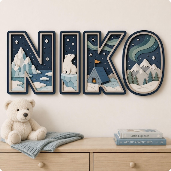Personalized Wooden Name Sign, Arctic Nursery Decor, Polar Bear Baby Boy Wall Art, Layered Wood Newborn or Baby Shower Gift