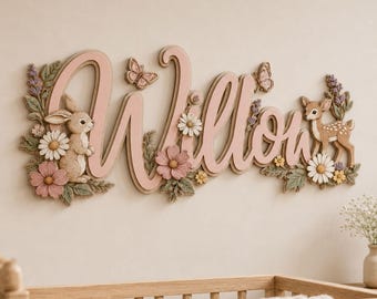 Personalized Wooden Name Sign, Blush Floral Woodland Nursery Decor with Bunny, Fawn and Butterflies