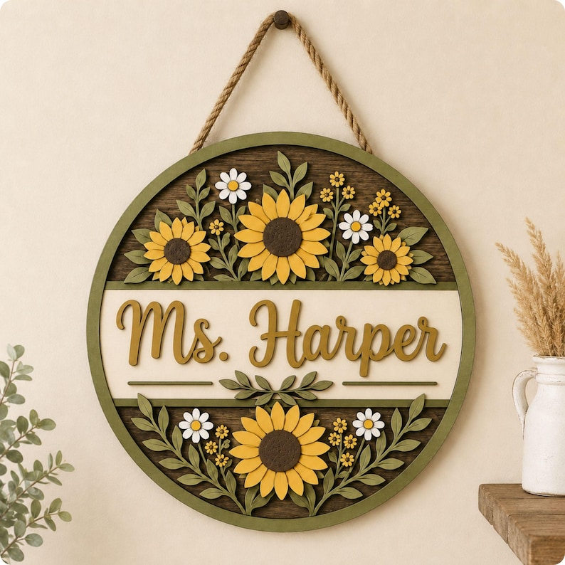 May include: A circular wooden wall sign featuring a dark brown background with layered yellow sunflowers, white daisies, and green leaves. A central cream-colored horizontal band displays the text Ms. Harper in raised, dark yellow script lettering.