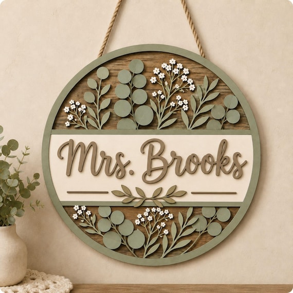 Personalized Teacher Name Sign, Layered Wood Floral Classroom Door Decor, Custom Back to School Gift for Teacher
