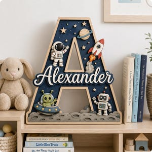 Personalized Space Nursery Name Sign, Layered Plywood Initial Letter with Astronaut and Rocket, Custom Baby Room Shelf Decor