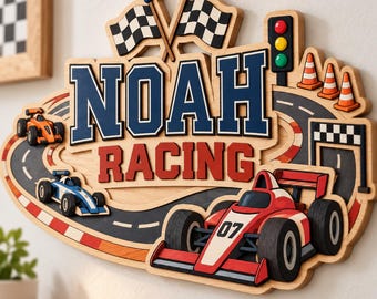 Personalisiertes Namensschild im Rennwagen-Design, Rennsport-Kinderzimmerdeko, individuelles Namensschild für die Wand, Motorsport-Zimmerdeko für Jungen, Geburtstagsgeschenk auf der Rennstrecke