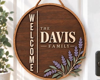 Personalisiertes Willkommensschild für die Familie, Türschild mit individuellem Nachnamen, Runde Eingangsdekoration mit Blumenmuster, Einzugsgeschenk, Hochzeitsgeschenk, Hausschild für die Familie