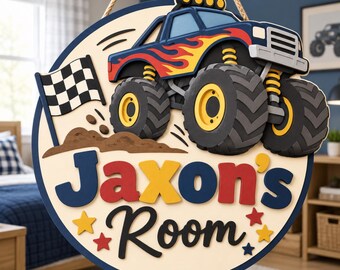 Personalized Boys Room Sign, Custom Name Door Sign, Monster Truck Excavator Rocket Nursery Decor, Kids Bedroom Wall Sign, Baby Boy Gift