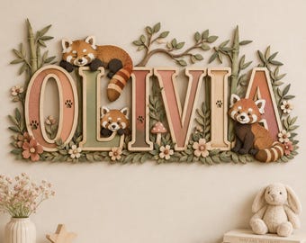 Personalized Red Panda Baby Decor, Woodland Nursery Name Sign, Custom Name Wall Art, Forest Animal Nursery Gift