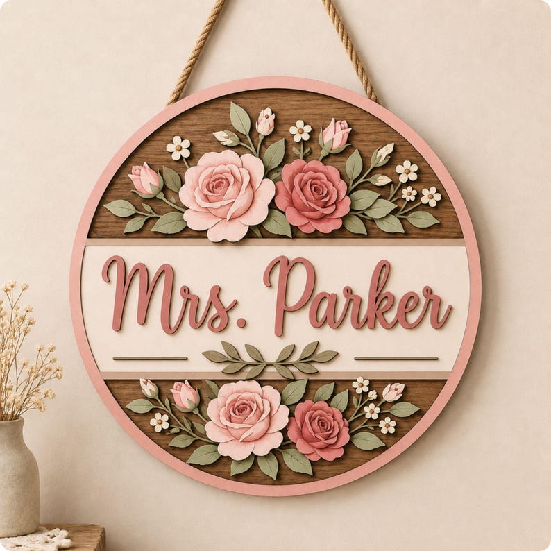 May include: A circular wooden wall sign featuring a light pink border and a rope hanger. The center displays the text Mrs. Parker in pink script on a cream background, surrounded by layered, three-dimensional pink roses and green leaves.