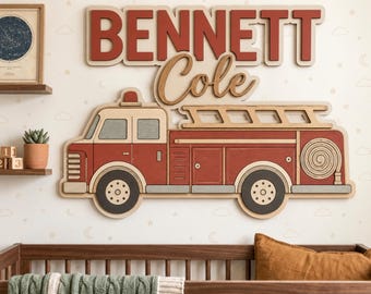 Personalized Boys Name Sign, Custom Kids Room Decor, Vehicle Nursery Wall Sign, Fire Truck Train Tractor Excavator Rocket Baby Boy Gift
