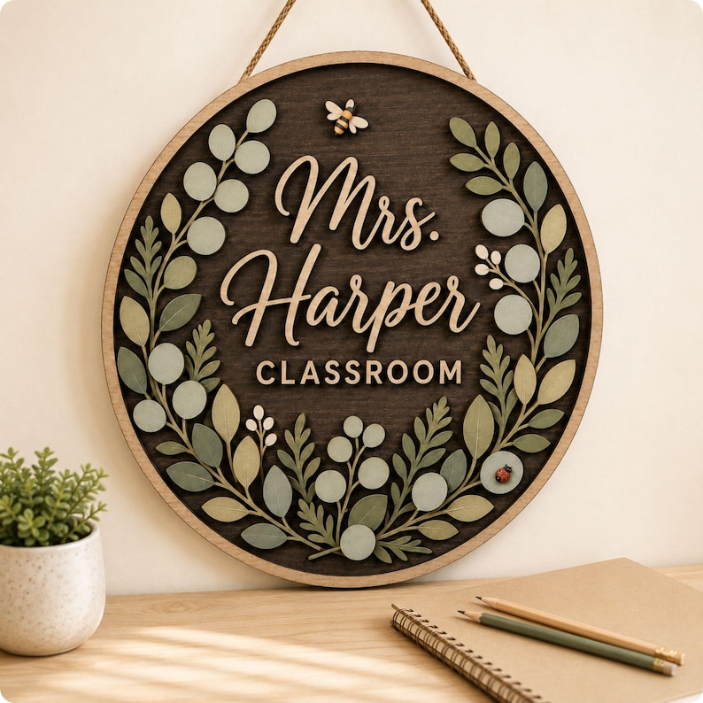 Pode incluir: Uma placa de parede circular de madeira com fundo castanho escuro apresentando o texto Mrs. Harper CLASSROOM em letras claras. A placa &eacute; decorada com folhas de madeira em camadas em tons de verde e s&aacute;lvia, uma pequena abelha e uma joaninha.