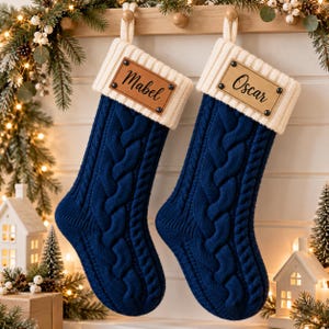 Navy Purple Leather Patch Christmas Stocking Set, Vintage Cable Knit Large Stockings for Mantel Corner Decor