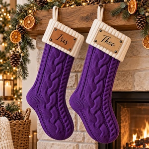 Navy Purple Leather Patch Christmas Stocking, Personalized Vintage Cable Knit Large Stocking for Fireplace Mantel
