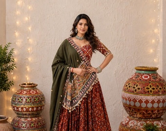 Conjunto indio Navratri Chaniya Choli Lehenga, espejo trabajo muslin algodón Lehenga con Gota Zari Choli & Dupatta, traje Garba Dandiya para niñas