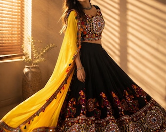 Navratri Designer Faux Georgette Lehenga Choli with Original Mirror & Chain-Stitch Work | 3 Pc Festive Party Wear