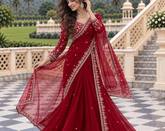 Indian Designer Georgette Embroidered Saree with Fully Stitched Blouse & Net Dupatta – 3 Piece Readymade Party Wear
