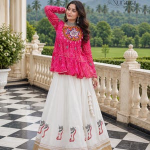 Indian Navrarti Lehnga Kora Cotton 6 Meter Flared Lehenga with Bandhani Kutchi Patchwork Top – Fully Stitched Garba Outfit