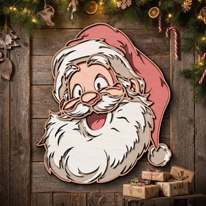 May include: A multi-layered wooden wall art piece depicting the face of Santa Claus with a red hat, white beard, and moustache. The design features stacked wood cutouts creating depth, showcasing a smiling expression with wide eyes and an open mouth.