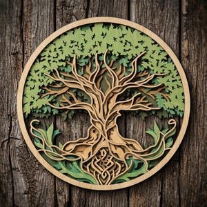 May include: A circular multi-layered wooden wall art piece featuring a detailed tree design. The artwork displays intricate laser-cut branches and roots in natural wood tones, contrasted against layers of light and dark green foliage.