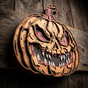 May include: A multi-layered wooden wall art piece shaped like a carved pumpkin with a menacing expression. The design features stacked wood cutouts in natural brown tones, with deep red accents in the eyes and mouth, and sharp white teeth.