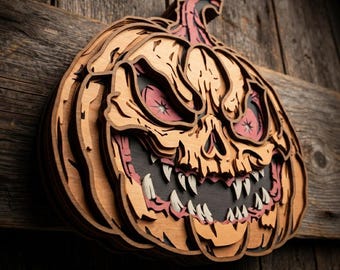 Puede incluir: Una pieza de arte mural de madera multicapa con forma de calabaza tallada y expresión amenazante. El diseño presenta recortes de madera apilados en tonos marrones naturales, con acentos de color rojo oscuro en los ojos y la boca.