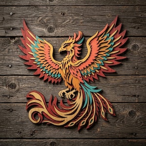 Pode incluir: Uma peça de arte de parede em madeira multicamadas que retrata uma fénix em voo. O design apresenta recortes intrincados com uma paleta de cores vermelho escuro, laranja brilhante, amarelo e turquesa, criando um efeito dimensional texturizado.