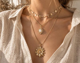 Layered Gold Sunflower Pearl Necklace, Celestial Star Choker Vintage Opal Medallion Pendant Chain, Boho Summer Resort Jewelry Gift for Her