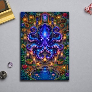 May include: A rectangular art print featuring a central purple and blue cosmic octopus surrounded by a stone courtyard, glowing candles, lush greenery, and a small pond with water lilies. The scene is framed by trees and lanterns.
