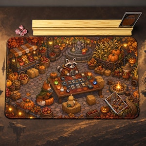 May include: A rectangular playmat featuring a detailed autumn-themed illustration of a raccoon, a fox, and a small bird playing a card game at a wooden table. The scene includes pumpkins, hay bales, a market stall, and a campfire on a stone patio.