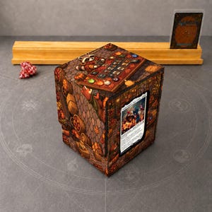 May include: A square card storage box featuring a brown, autumn-themed illustration of a raccoon and harvest items. The front panel displays a clear window holding a single trading card. A wooden card stand and a red and white die are nearby.