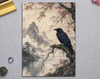 May include: A rectangular art print featuring a black raven perched on a mossy tree branch. The background displays a misty landscape with mountains, a calm lake, and trees with reddish-brown leaves in a traditional ink wash painting style.