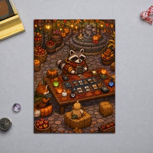 May include: A rectangular art print featuring a raccoon, a fox, and a small bird playing a card game at a wooden table. The scene is set in an autumn-themed outdoor area with pumpkins, barrels, hay bales, and glowing lanterns in warm orange and brown tones.