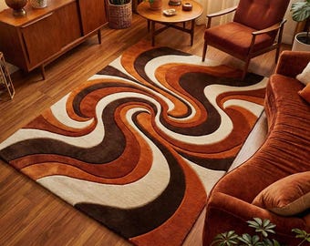 Tappeto retrò con motivo a spirale, tappeto in stile Mid-Century Modern, tappeto in lana trapuntato fatto a mano, tappeto astratto marrone e arancione per soggiorno, arredamento vintage anni '70