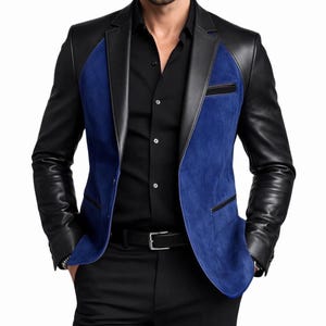 May include: A blazer featuring black leather sleeves and lapels contrasted with a vibrant blue suede front panel. The garment includes a black button closure, a chest pocket with a black trim, and two lower side pockets with matching black trim.